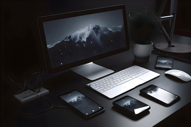 Modern workplace with laptop tablet smartphone and coffee cup on dark background