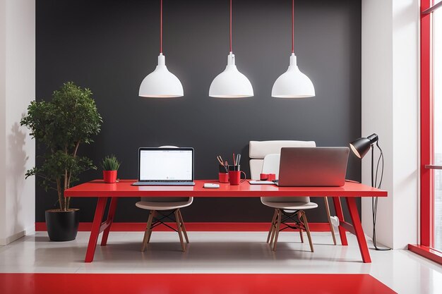 Modern workplace with two laptops on red table against white wall