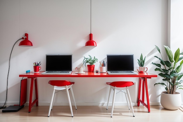 흰 벽에 빨간색 테이블 위에 노트북 두 대가 있는 현대적인 직장