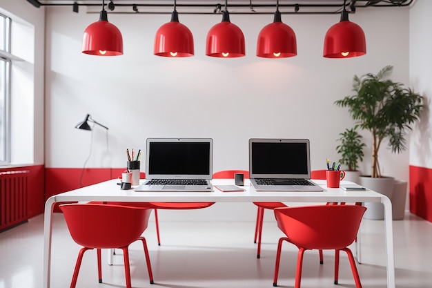 Modern workplace with two laptops on red table against white wall