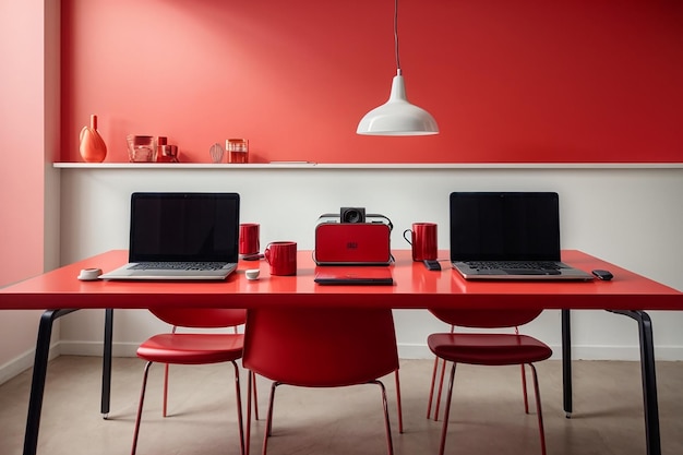 白い壁に赤いテーブルの上に 2 台のラップトップを置いた現代の職場
