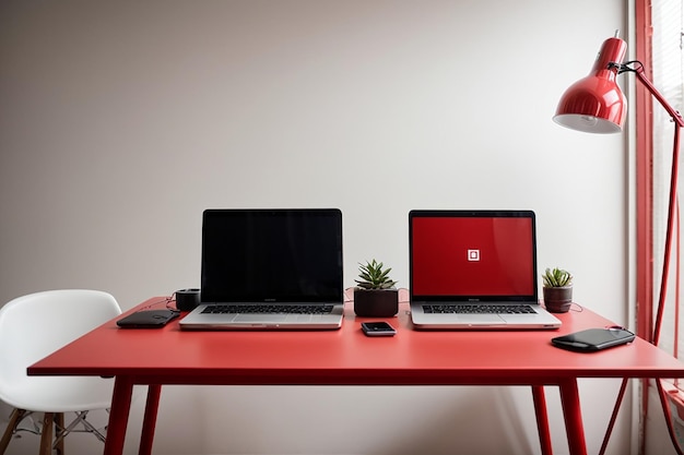 Modern workplace with two laptops on red table against white wall