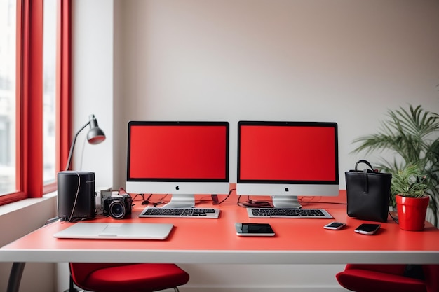 Modern workplace with two laptops on red table against white wall