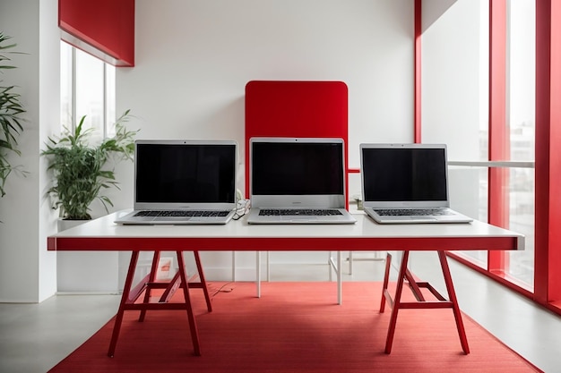 白い壁に赤いテーブルの上に 2 台のラップトップを置いた現代の職場