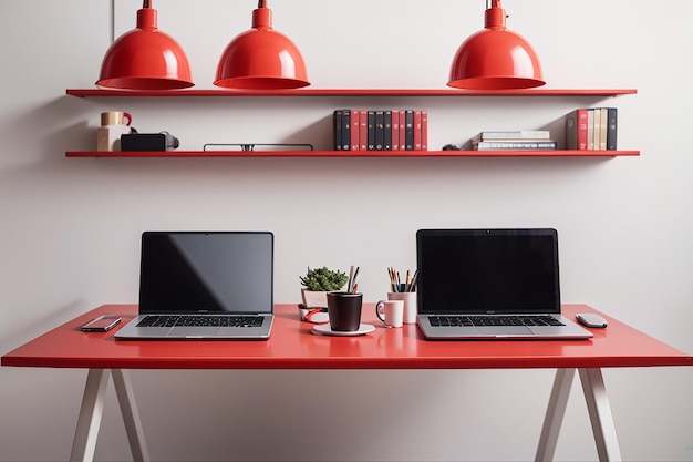 Современное рабочее место с двумя ноутбуками на красном столе на фоне белой стены