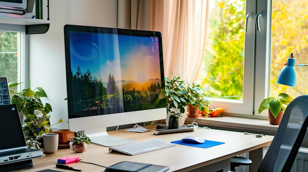 Modern Workspace Desktop Computer on Desk by Window