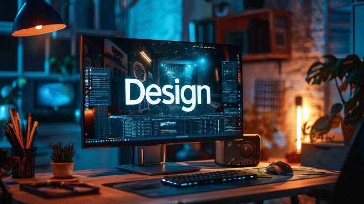 Photo a modern workspace featuring a computer with a focus on design and creativity