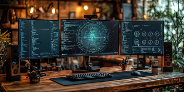 modern workspace featuring multiple computer monitors and data visualization for programming and design tasks