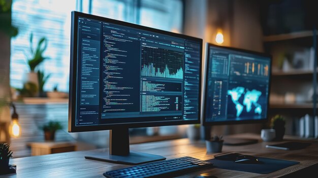 modern workspace featuring multiple monitors displaying web development projects with coding and data visualizations in a stylish office environment