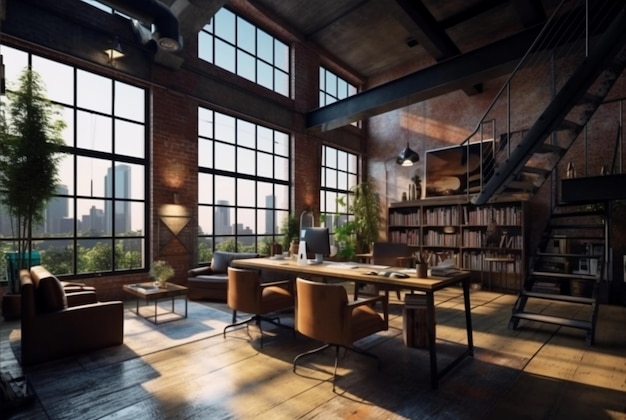 Modern workspace in loft industrial style generative ai