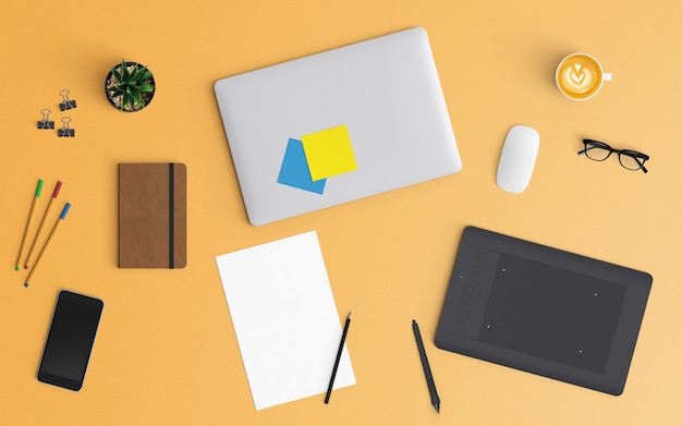  Modern workspace. Top view. Flat lay style.