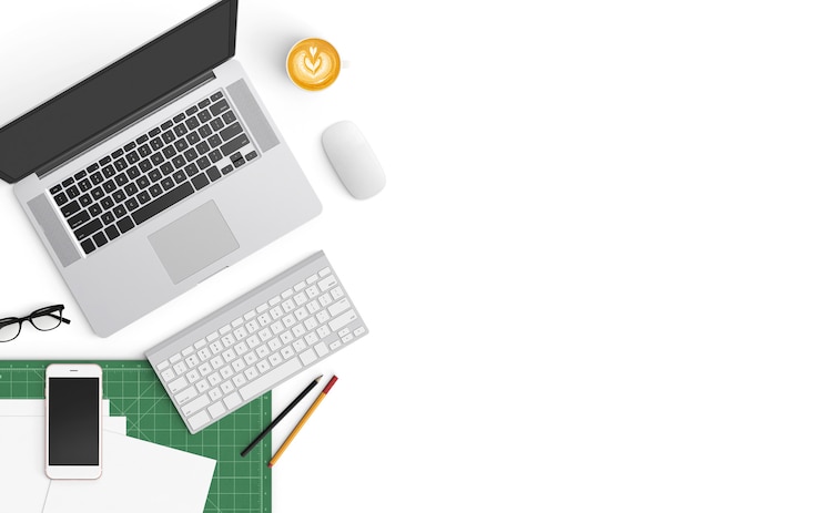 Фотография  modern workspace. top view. flat lay style.