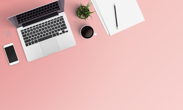 Modern workspace on white background. Top view. Flat lay style.