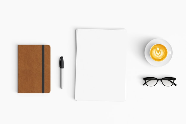 Modern workspace on white background. Top view. Flat lay style.