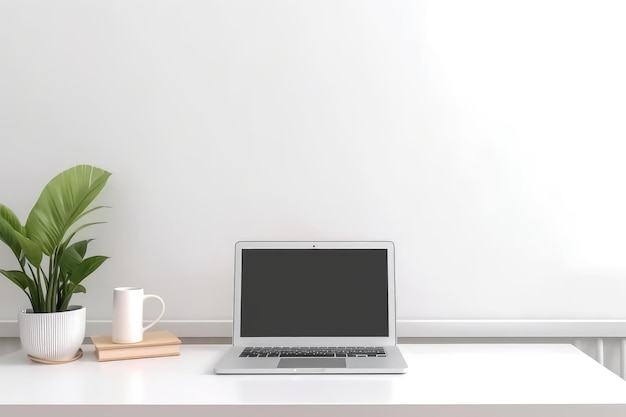 Modern workspace with blank screen laptop white frame AI generated image