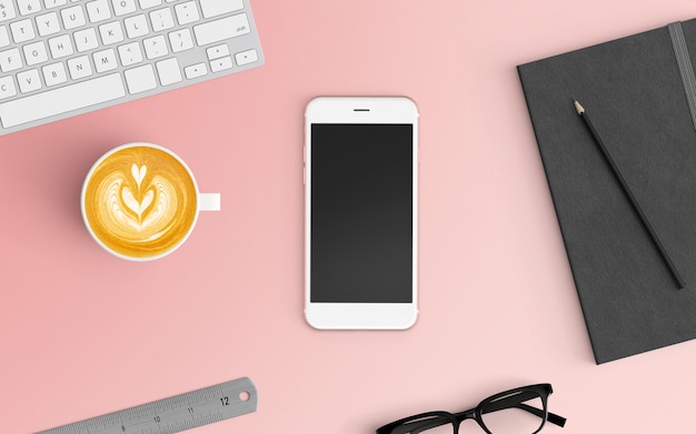 Modern workspace with coffee cup, notebook, keyboard and smartphone on pink color