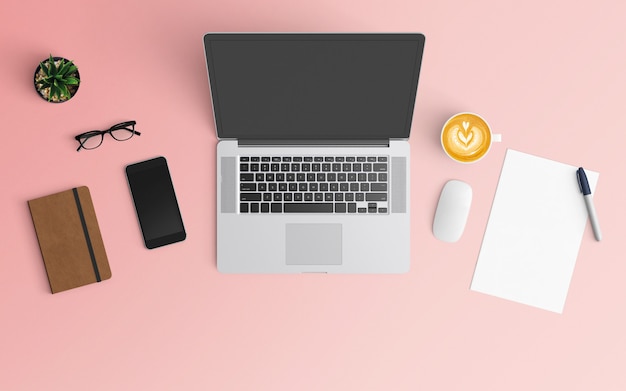 사진 커피 컵, 노트북, 스마트 폰 및 노트북 핑크 색상으로 현대적인 작업 영역