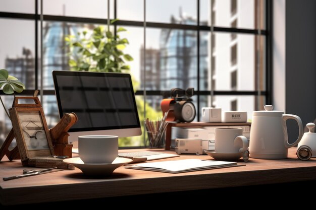 컴퓨터 커피 컵과 함께 현대적인 작업 공간 사무실 회의실 테이블 <unk>을 열어 컴퓨터 노트북 배경 빈 Ai 생성