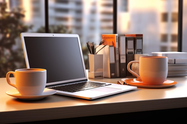 現代的なワークスペース - コーヒーカップ - オフィス部屋 - 会議室 - テーブル - 蓋 - オープン - コンピュータ - ラップトップ - 背景 - 空白 - アイ - 生成