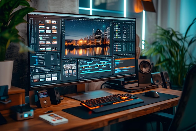 Modern workspace with a computer displaying video editing software surrounded by creative equipment in a cozy ambientlit room