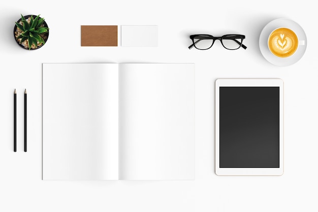 Modern workspace with copy space on white color background