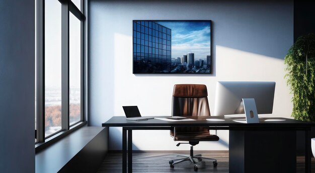 Photo modern workspace with greenery and computer setup