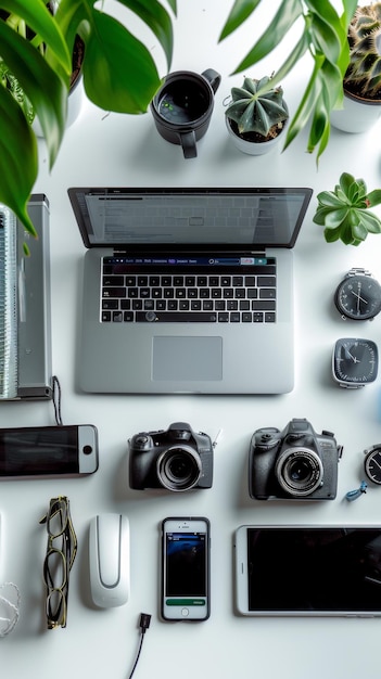 Modern workspace with technology and greenery