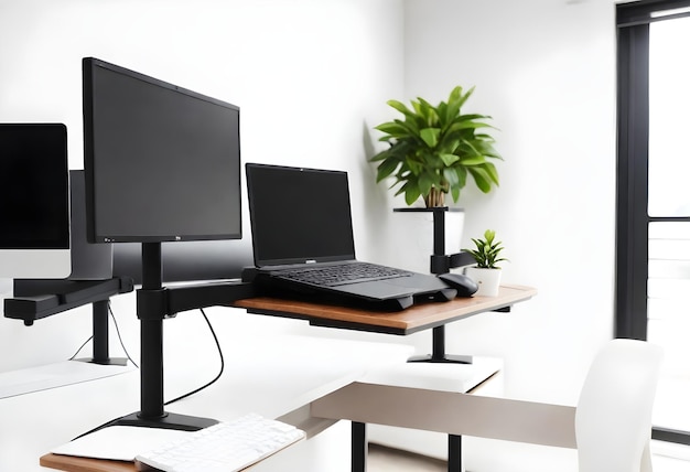 A modern workspace with two computer monitors one mounted on an arm a laptop on a stand