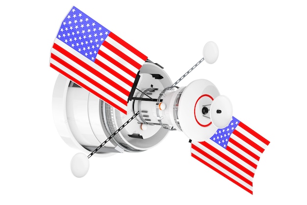 Photo modern world global navigation satelite with usa flag on a white background. 3d rendering