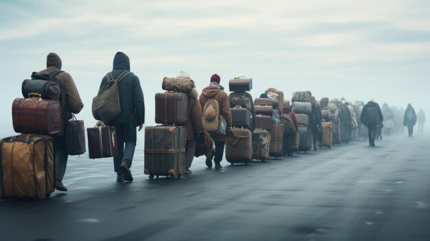 Foto problema del mondo moderno rifugiati sfollati immigrati emigranti vittima di guerra in fuga da un conflitto militare salvarsi la vita senzatetto bambini senza tetto gruppo di persone con bagagli