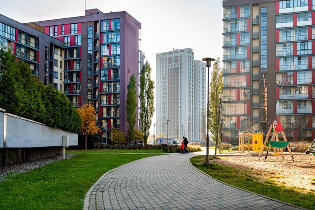 Modern yard of a residential quarter with a childrens playground in purvciems district