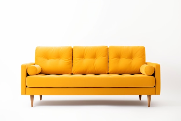 Современный диван из желтой ткани, изолированный на белом фоне, ретро-мебель для дивана.