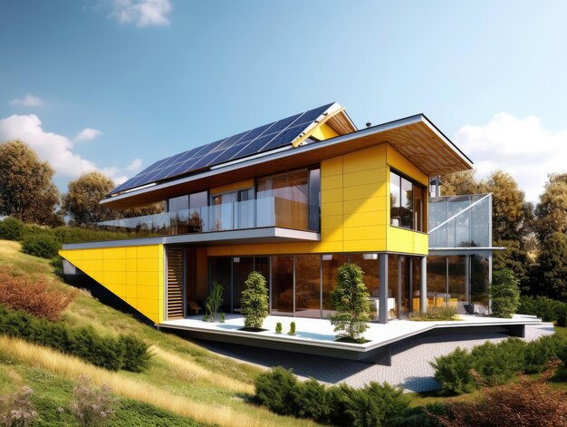 Photo modern yellow house with a garden and solar panels on the roof against the blue sky