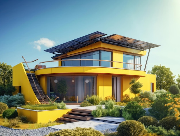 푸른 하늘을 배경으로 지붕에 정원과 태양 전지판이 있는 현대적인 노란색 집