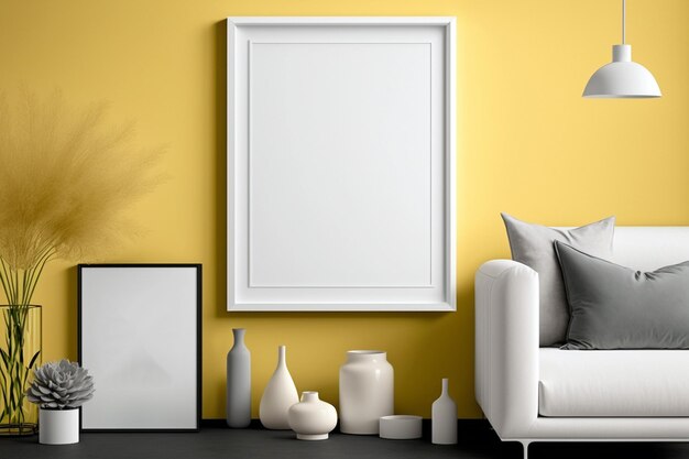 Modern yellow living room with empty blank picture frame mockup in scandinavian style