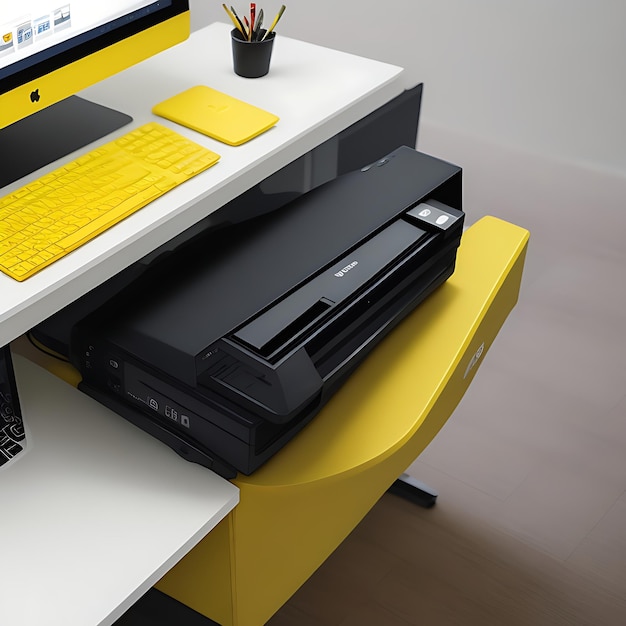 Фото Современный желтый офисный рабочий стол с ноутбуком
