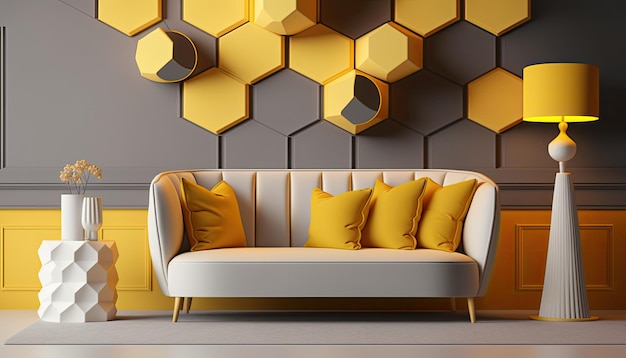 Modern yellow and white color living room interior 3D rendering Generative ai