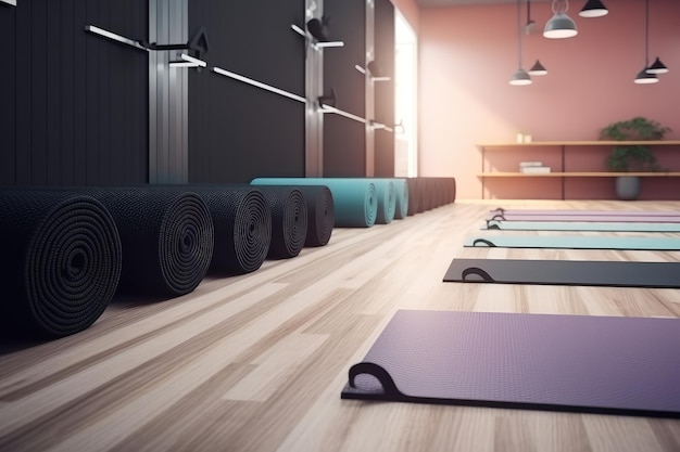 Modern yoga gym interior with unrolled yoga mats equipment AI