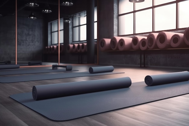Современный интерьер тренажерного зала для йоги с развернутыми ковриками для йоги, созданными искусственным интеллектом