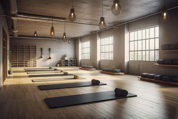 Modern yoga gym interior with unrolled yoga mats equipment Sports gym exercises Healthy lifestyle Generate Ai