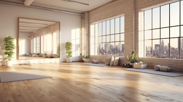 Premium Photo  Interior of a modern yoga studio with wooden floor and  large windows