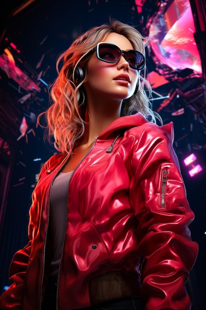 Modern young beautiful girl wearing headphones sunglasses and pink jacket Low angle view Colorful backdrop Generative AI