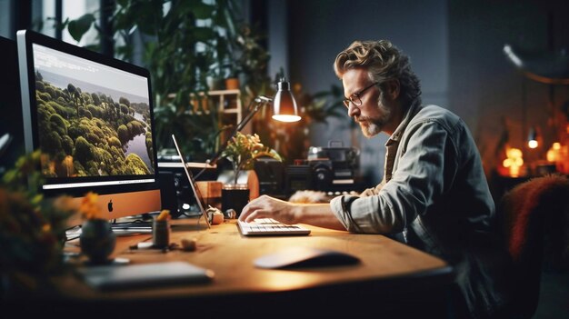 Modern young man working remotely from home at night