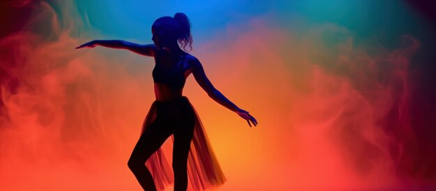 Modern young teen girl blowing gum bubble in changing colorful light