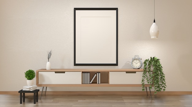 Modern zen interior of japanese living room with wooden cabinet and blank poster or photo frame 3d rendering