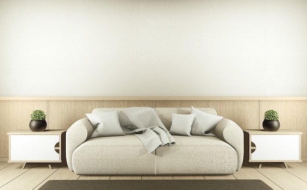 Modern Zen living room interior, white sofa and decor Japanese style on room white wall . 3d rendering