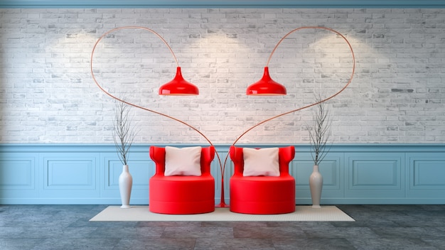 Foto modern zolderbinnenland van woonkamer, rode leunstoelen op heldere grijze bakstenen muurachtergrond