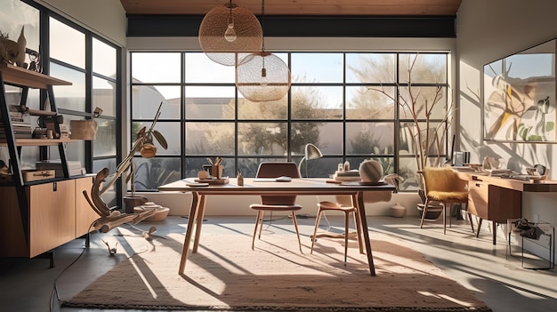 Modern zonnig thuiswerkplek interieur met natuurlijke materialen