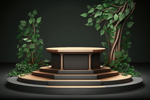 Moderne 3D voetstuk achtergrond met groene bladeren generatieve ai