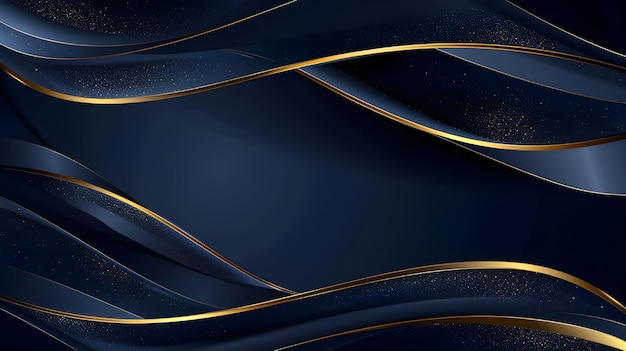 Moderne abstracte donkerblauwe curve vorm op donkere achtergrond met gouden lijnen Overlay gebogen vormen
